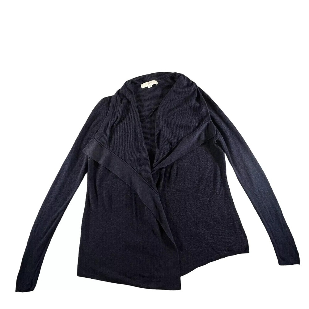 Loft Sweater Womens Size M‎ Blue Linen Open Front Minimalist Draped Waterfall